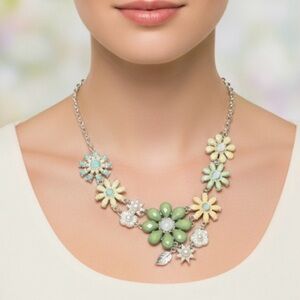 Women's Floral Necklace, Green Yellow on Silvertone Chain, 12”